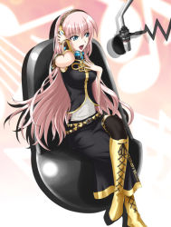 Rule 34 | 1girl, belt, blue eyes, boots, headband, knee boots, crossed legs, long hair, megurine luka, microphone, microphone stand, midriff, navel, nm (tshell2761), pink hair, sitting, skirt, solo, thighhighs, very long hair, vocaloid