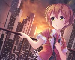 Rule 34 | 10s, 1girl, birthday, bokura no live kimi to no life, building, cityscape, commentary request, hand on own chest, highres, hoshizora rin, jacket, love live!, love live! school idol project, necktie, orange hair, railing, red jacket, red necktie, sasurai (kijitora713), short hair, short sleeves, solo, sunset, yellow eyes