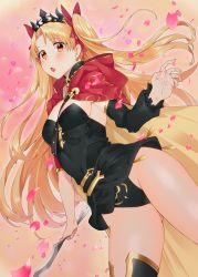 Rule 34 | 1girl, :o, black leotard, black thighhighs, blonde hair, blush, breasts, cape, cowboy shot, detached collar, detached sleeves, earrings, ereshkigal (fate), eyebrows, eyelashes, eyes visible through hair, fate/grand order, fate (series), fingernails, floating hair, hair intakes, hair ribbon, highleg, highleg leotard, holding, hood, hood down, hoop earrings, jewelry, legs apart, leotard, long hair, long sleeves, maitei roppa, multicolored background, open mouth, orange eyes, over-kneehighs, palms, petals, red cape, red ribbon, ribbon, single sleeve, single thighhigh, skull, small breasts, solo, thighhighs, tiara, tohsaka rin, tongue, two side up, very long hair