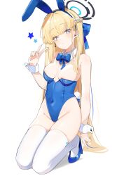 Rule 34 | 1girl, absurdres, animal ears, bare shoulders, blonde hair, blue archive, blue eyes, blue leotard, bow, bowtie, breasts, deitaku, detached collar, earpiece, fake animal ears, fake tail, halo, high heels, highleg, highleg leotard, highres, leotard, long hair, looking at viewer, medium breasts, official alternate costume, playboy bunny, rabbit ears, rabbit tail, solo, strapless, strapless leotard, tail, thighhighs, toki (blue archive), toki (bunny) (blue archive), v, very long hair, white background, wrist cuffs