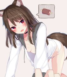 Rule 34 | 1girl, animal ear fluff, animal ears, areola slip, blurry, blush, boned meat, breasts, brown hair, depth of field, fangs, food, highres, hood, hood down, hooded jacket, hoodie, jacket, long hair, meat, no pants, open mouth, original, panties, red eyes, ryu narb, small breasts, solo, tail, underwear, v-shaped eyebrows, white jacket, white panties, wolf ears, wolf girl, wolf tail