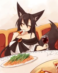 Rule 34 | 1girl, ^ ^, animal ears, bare shoulders, breasts, brooch, brown hair, closed eyes, collarbone, cup, dress, drinking glass, eating, eyebrows, closed eyes, food, hair between eyes, happy, holding, holding cup, holding drinking glass, holding food, imaizumi kagerou, indoors, jewelry, kaginoni, large breasts, long hair, off-shoulder dress, off shoulder, pasta, pizza, plate, short sleeves, smile, solo, spaghetti, table, tablecloth, tail, touhou, white dress, wine glass, wolf ears, wolf tail