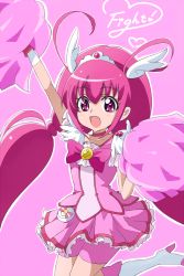 Rule 34 | 10s, 1girl, :d, bike shorts, bike shorts under skirt, boots, bow, cheering, choker, cure happy, earrings, hair ornament, head wings, hoshizora miyuki, jewelry, knee boots, long hair, looking at viewer, magical girl, nanashishi, open mouth, pink background, pink bow, pink eyes, pink hair, pink shorts, pink skirt, pink theme, pom pom (cheerleading), precure, shorts, shorts under skirt, simple background, skirt, smile, smile precure!, solo, tiara, twintails, wings