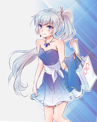 Rule 34 | 1girl, bag, bare shoulders, blue dress, blue eyes, closed mouth, collarbone, commentary request, dress, earrings, hair ornament, highres, holding, holding bag, iesupa, jacket, unworn jacket, jewelry, long hair, necklace, rwby, sash, scar, scar across eye, scar on face, shopping, shopping bag, short dress, skirt hold, smile, solo, strapless, strapless dress, tiara, weiss schnee, white hair