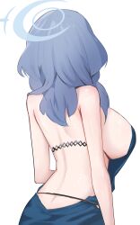 Rule 34 | 1girl, ako (blue archive), ako (dress) (blue archive), back, backless dress, backless outfit, bare arms, blue archive, blue hair, blue halo, breasts, dress, facing away, from behind, halo, highres, honashi, large breasts, long hair, simple background, solo, white background