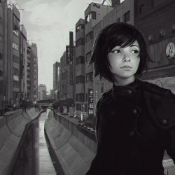 Rule 34 | androgynous, black jacket, building, buttons, canal, chromatic aberration, city, gender request, ilya kuvshinov, jacket, lips, looking away, monochrome, original, outdoors, real world location, realistic, shibuya (tokyo), short hair, sign, sky, solo, swept bangs, tokyo (city), upper body