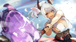 Rule 34 | 1girl, animal ears, warrior of light (ff14), blurry, blurry foreground, breasts, cat ears, cleavage, facial mark, final fantasy, final fantasy xiv, hide (hideout), highres, horns, large breasts, long hair, miqo&#039;te, motion blur, net, open mouth, ponytail, sleeveless, solo, upper body, whisker markings, white hair