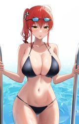 Rule 34 | 1girl, absurdres, ahoge, azur lane, bikini, black bikini, breasts, collarbone, goggles, goggles on head, groin, hair ornament, highres, huge breasts, navel, o-ring, o-ring bikini, official alternate costume, orange eyes, parted lips, pool ladder, red hair, rk (cc15915r), side ponytail, sidelocks, skindentation, solo, stomach, swimsuit, thigh gap, thighs, water, wet, zara (azur lane), zara (poolside coincidence) (azur lane)