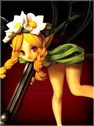 Rule 34 | 1girl, 3d, blonde hair, flower, hair flower, hair ornament, mercedes (odin sphere), odin sphere, pointy ears, puff and slash sleeves, puffy shorts, puffy sleeves, red eyes, shorts, solo, voodoothur