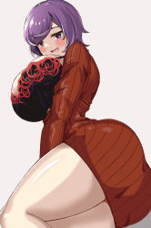 Rule 34 | 1girl, bra, breasts, courtney (pokemon), creatures (company), game freak, highres, hizakake, large breasts, looking at viewer, nintendo, open mouth, plump, pokemon, pokemon oras, purple eyes, purple hair, simple background, smile, solo, sweater, team magma, underwear