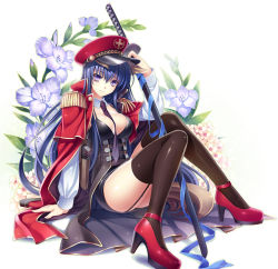 Rule 34 | 1girl, arm support, between breasts, black thighhighs, blue hair, blue ribbon, breasts, cleavage, detached collar, epaulettes, floral background, flower, garter straps, hat, high heels, holding, katana, large breasts, legs, long hair, long legs, looking at viewer, military, military uniform, necktie, necktie between breasts, original, peaked cap, pumps, purple eyes, red footwear, ribbon, riv (rivleaf), sheath, sheathed, shoes, sitting, smile, solo, sword, thighhighs, thighs, uniform, weapon