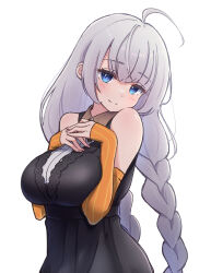 Rule 34 | 1girl, ahoge, bare shoulders, black dress, blue eyes, braid, breasts, closed mouth, collared dress, detached sleeves, dress, eyelashes, from side, grey hair, hakushi (empty blanc), hands on own chest, hands up, head tilt, highres, kizuna akari, large breasts, light blush, long hair, long sleeves, looking at viewer, orange sleeves, simple background, sleeveless, sleeveless dress, smile, solo, turning head, twin braids, upper body, vertical-striped sleeves, very long hair, voiceroid, white background