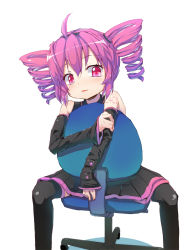 Rule 34 | 1girl, ahoge, bare shoulders, chair, detached sleeves, drill hair, head tilt, kasane teto, looking at viewer, open mouth, parted lips, pink eyes, pink hair, rougetsu (eclipse), simple background, sitting, sitting backwards, skirt, sleeves past wrists, smile, solo, spread legs, tattoo, thighhighs, twin drills, twintails, utau, vocaloid, white background