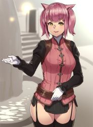 Rule 34 | 10s, 1girl, :d, animal ears, black thighhighs, final fantasy, final fantasy xiv, garter straps, gloves, houtengeki, jpeg artifacts, miqo&#039;te, open mouth, parted lips, pink hair, smile, solo, thighhighs, warrior of light (ff14), white gloves, yellow eyes