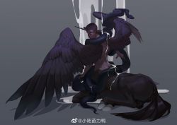 Rule 34 | 1boy, animal ears, black snake, buzz cut, centaur, completely nude, dark-skinned male, dark skin, feathered wings, highres, horns, horse boy, horse ears, horse tail, looking at viewer, male focus, nude, original, pouring, short hair, single horn, sitting, solo, tail, taur, testicles, toned, toned male, very short hair, wings, xiaolumiaoliya