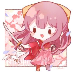 Rule 34 | 1girl, bird, blush, bow, branch, character name, chibi, commentary, full body, hair bow, hakama, holding, holding sheath, holding sword, holding weapon, japanese clothes, kamikaze (kancolle), kantai collection, kimono, long hair, meiji schoolgirl uniform, nada namie, open mouth, petals, pink hakama, red hair, red kimono, sheath, signature, solo, sword, very long hair, weapon, wide sleeves, yellow bow