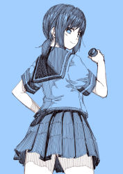 Rule 34 | 10s, 1girl, blue background, blue theme, blush, can, cowboy shot, female focus, from behind, fubuki (kancolle), holding, holding can, kantai collection, kouji (campus life), looking at viewer, looking back, low ponytail, miniskirt, monochrome, pleated skirt, school uniform, serafuku, short hair, short ponytail, short sleeves, simple background, sketch, skirt, smile, solo