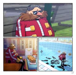Rule 34 | 1boy, absurdres, arm behind back, artist name, bald, blurry, blurry background, book, boots, brown hair, cooler, dr. eggman, empty pool, evan stanley, facial hair, food, glasses, gloves, goggles, highres, jacket, long sleeves, looking to the side, male focus, mature male, meme, mustache, narcos, old, old man, pablo escobar waiting (meme), pants, parody, pointy nose, pool, sad, sandwich, sitting, solo, sonic (series), sonic adventure, standing, table, thinking