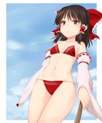 Rule 34 | 1girl, adapted costume, arms at sides, bare shoulders, bikini, black hair, blue sky, border, bow, breasts, brown eyes, cleavage, cloud, collarbone, commentary request, cowboy shot, day, detached sleeves, dutch angle, expressionless, frilled bow, frills, gohei, groin, hair between eyes, hair bow, hair tubes, hakurei reimu, highres, hip focus, holding, legs together, long sleeves, looking at viewer, medium hair, miyo (ranthath), navel, outdoors, outside border, print bikini, red bikini, red bow, ribbon-trimmed sleeves, ribbon trim, side-tie bikini bottom, sideboob, sidelocks, sky, small breasts, solo, standing, stomach, straight hair, string bikini, swimsuit, thighs, touhou, white border, wide sleeves