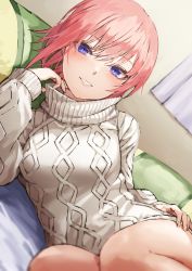 Rule 34 | 1girl, bed sheet, blue eyes, breasts, commentary request, dress, dutch angle, fagi (kakikaki), go-toubun no hanayome, grey dress, grey sweater, hair between eyes, hand on own hip, long sleeves, looking at viewer, lying, medium breasts, nakano ichika, on bed, on side, parted lips, pillow, pink hair, short hair, smile, solo, sweater, sweater dress, turtle, turtleneck, turtleneck dress