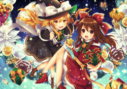 Rule 34 | 2girls, :d, alternate costume, arms up, bag, bangle, black dress, blonde hair, blurry, blurry background, boots, bow, bowtie, box, bracelet, braid, brown eyes, brown footwear, brown hair, capelet, carrying over shoulder, christmas, christmas ornaments, christmas wreath, commentary, cross-laced footwear, dress, foreshortening, fur-trimmed boots, fur-trimmed capelet, fur-trimmed dress, fur-trimmed sleeves, fur trim, gift, gift box, giving, hair between eyes, hair bow, hair tubes, hakurei reimu, hat, hat ribbon, jewelry, kirisame marisa, kirisita, knees together feet apart, long hair, looking at viewer, multiple girls, neck bell, night, night sky, open mouth, outstretched hand, red dress, red footwear, ribbon, santa costume, sidelocks, single braid, sky, smile, snowflakes, star (sky), starry sky, striped bow, striped bowtie, striped clothes, striped neckwear, teeth, touhou, upper teeth only, very long hair, witch hat, wreath, yellow eyes
