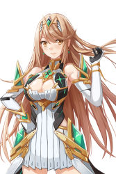 Rule 34 | 1girl, armor, bare shoulders, blonde hair, blush, breasts, cleavage, dress, elbow gloves, gloves, headgear, highres, large breasts, long hair, looking at viewer, mythra (xenoblade), nintendo, redpoke, simple background, solo, very long hair, white background, xenoblade chronicles (series), xenoblade chronicles 2, xenoblade chronicles (series), xenoblade chronicles 2, yellow eyes