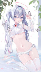 Rule 34 | 1girl, angel, angel wings, bare shoulders, blue eyes, blush, breasts, bug, butterfly, cropped shirt, detached sleeves, grey hair, halo, highres, insect, kneeling, looking at viewer, medium breasts, midriff, moemoepiano, navel, open mouth, original, red halo, simple background, solo, thighhighs, thighs, twintails, underboob, white background, white thighhighs, wings