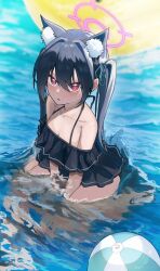 Rule 34 | 1girl, absurdres, animal ear fluff, animal ears, arata haru, ball, bare arms, bare legs, bare shoulders, beachball, bikini, black bikini, black hair, blue archive, blush, breasts, cat ears, cleavage, collarbone, frilled bikini, frills, hair between eyes, halo, highres, korean commentary, long hair, looking at viewer, medium breasts, official alternate costume, open mouth, partially submerged, pink halo, red eyes, serika (blue archive), serika (swimsuit) (blue archive), solo, swimsuit, twintails, water