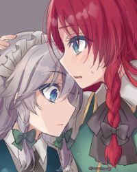 Rule 34 | 2girls, asa (coco), blue eyes, blush, bow, braid, colored eyelashes, hair bow, hand on another&#039;s head, hong meiling, izayoi sakuya, long hair, looking down, maid, multiple girls, open mouth, profile, red hair, ribbon, shirt, short hair, silver hair, sweatdrop, touhou, twin braids, upper body, vest