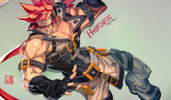 Rule 34 | 1boy, alternate design, alternate eye color, alternate hair color, bara, bare shoulders, belt buckle, brown hair, buckle, covered abs, feet out of frame, fighting stance, fingerless gloves, gloves, guilty gear, harness, headgear, large pectorals, long hair, male focus, muscular, na insoo, open clothes, over shoulder, pectorals, pelvic curtain, ponytail, shiny skin, shoes, simple background, sleeveless, sol badguy, solo, spiked hair, tight clothes, weapon, weapon over shoulder, yellow eyes