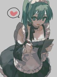 Rule 34 | 1girl, absurdres, alternate costume, apron, aqua hair, black dress, blue eyes, breasts, choker, commentary request, detached sleeves, dress, enmaided, frills, grey background, hair between eyes, hatsune miku, heart, highres, holding, holding pen, long hair, looking at viewer, maid, maid headdress, medium breasts, parted lips, pen, simple background, solo, spoken heart, tachibana wataru (123tsuki), vocaloid, white apron