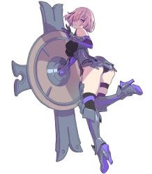 Rule 34 | 1girl, absurdres, armor, armored boots, armored dress, backlighting, black thighhighs, boots, fate/grand order, fate (series), faulds, from side, greaves, hair over one eye, head tilt, high heel boots, high heels, highres, kneepits, leg lift, leotard, leotard under clothes, looking at viewer, looking back, mash kyrielight, one eye covered, open mouth, parted bangs, pink eyes, pink hair, shield, short hair, simple background, skindentation, solo, standing, standing on one leg, thigh boots, thigh strap, thighhighs, thighs, white background, yamashita shun&#039;ya