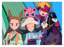Rule 34 | 1boy, 2girls, ascot, banette, blonde hair, blue kimono, border, brown eyes, brown hair, buttons, celesteela, closed eyes, closed mouth, commentary request, creatures (company), eyelashes, game freak, gen 1 pokemon, gen 3 pokemon, gen 7 pokemon, gloves, green kimono, grin, hand up, hat, headband, highres, japanese clothes, jasmine (pokemon), jasmine (special costume) (pokemon), jigglypuff, kimono, long hair, long sleeves, lyra (pokemon), lyra (summer 2020) (pokemon), morty (fall 2021) (pokemon), morty (pokemon), multiple girls, nintendo, official alternate costume, on head, pokemon, pokemon (creature), pokemon masters ex, pokemon on head, sash, smile, twintails, two side up, tyako 089, ultra beast, v, white ascot, white border, white headwear