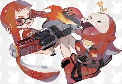 Rule 34 | &gt; &lt;, 1girl, bad id, bad twitter id, blaster (splatoon), braid, commentary, creatures (company), crossover, fangs, fire, fuecoco, game freak, gun, highres, holding, holding gun, holding weapon, inkling, inkling girl, inkling player character, long hair, looking at viewer, nintendo, open mouth, pointy ears, pokemon, pokemon (creature), red eyes, red footwear, red hair, red shirt, shirt, sho gametoka, shoes, side braid, simple background, splatoon (series), splatoon 3, symbol-only commentary, tentacle hair, weapon