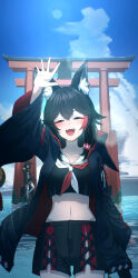 Rule 34 | 2girls, absurdres, ahoge, animal ear fluff, animal ears, bell, black hair, black jacket, black shirt, black shorts, blue sky, braid, closed eyes, cloud, cowboy shot, cumulonimbus cloud, flower, fox ears, fox girl, fox tail, hair flower, hair ornament, hand up, highres, hololive, jacket, kurokami fubuki, leaning on object, long hair, long sleeves, looking at viewer, midriff, multicolored clothes, multicolored hair, multicolored jacket, multiple girls, navel, neckerchief, necktie, ookami mio, open mouth, outdoors, red eyes, red hair, red ribbon, ribbon, shirt, shorts, single braid, sky, smile, sunlight, tail, tail around own leg, thighs, two-tone hoodie, two-tone jacket, virtual youtuber, water drop, waving, white ribbon, wolf ears, wolf girl, wolf tail, yoihami 294
