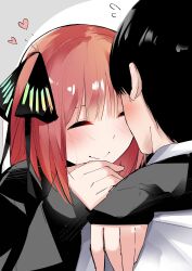 Rule 34 | 1boy, 1girl, ^ ^, absurdres, arms around neck, black cardigan, black hair, black ribbon, blunt bangs, blush, butterfly hair ornament, cardigan, close-up, closed eyes, closed mouth, commentary request, couple, ear blush, facing another, flying sweatdrops, go-toubun no hanayome, hair ornament, hair ribbon, happy, heart, hetero, highres, hug, mame1645, medium hair, nakano nino, red hair, ribbon, short hair, shy, simple background, sleeves past wrists, smile, solo focus, straight hair, two side up, uesugi fuutarou, white background