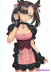 Rule 34 | 1girl, absurdres, adapted costume, artist name, asymmetrical bangs, black choker, black hair, breasts, choker, cleavage, commentary request, creatures (company), earrings, game freak, green eyes, hair ribbon, hand up, head tilt, highres, jewelry, looking at viewer, marnie (pokemon), medium breasts, ninnin (shishitou), nintendo, parted lips, pokemon, pokemon swsh, red ribbon, ribbon, simple background, solo, twintails, twitter username, white background