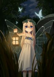 Rule 34 | 1girl, :o, absurdres, blonde hair, blue eyes, bug, butterfly, dress, fairy, fairy wings, female focus, forest, glowing butterfly, grass, highres, holding, holding lantern, insect, lantern, laurel crown, long hair, mushroom, nature, night, original, shaded face, sky, solo, star (sky), starry sky, strapless, strapless dress, tall grass, ten can, white dress, wings