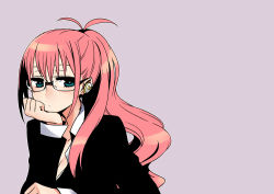 Rule 34 | 1girl, alternate hairstyle, antenna hair, aqua eyes, bespectacled, blue eyes, breasts, chan co, cleavage, earphones, formal, glasses, head rest, headphones, long hair, medium breasts, megurine luka, open clothes, open shirt, pink hair, ponytail, range of destiny (vocaloid), shirt, simple background, solo, suit, upper body, vocaloid
