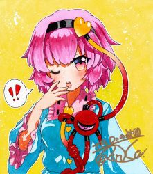 Rule 34 | !, !!, 1girl, ;o, bad id, bad pixiv id, blue shirt, blush, breasts, frilled shirt, frilled shirt collar, frills, hand to own mouth, heart, komeiji satori, long sleeves, looking at viewer, one eye closed, pink eyes, pink hair, qqqrinkappp, shikishi, shirt, short hair, signature, small breasts, solo, speech bubble, spoken exclamation mark, third eye, touhou, traditional media, upper body, wide sleeves, yellow background