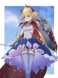 Rule 34 | 1girl, absurdres, azur lane, blonde hair, blue background, blue eyes, blue skirt, breasts, cape, commission, covered navel, double bun, epaulettes, fleur-de-lis, hair bun, headgear, highres, holding, holding shield, holding sword, holding weapon, le triomphant (azur lane), long hair, looking to the side, pixiv commission, rapier, red cape, rigging, shield, sideboob, simple background, single epaulette, skirt, small breasts, solo, standing, striped clothes, striped thighhighs, sword, syu.mu, thighhighs, tutu, two-tone background, weapon, white background, white thighhighs, zettai ryouiki
