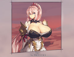 Rule 34 | arm behind back, arm up, armor, blue eyes, braid, breasts, cleavage, collarbone, dress, evening, hair between eyes, high ponytail, huge breasts, japanese text, lace, lace-trimmed dress, lace trim, looking at viewer, looking to the side, melon22, pink hair, shionne (tales), shoulder armor, sidelocks, standing, tales of (series), tales of arise, taut clothes, taut dress, translation request, upper body, white dress