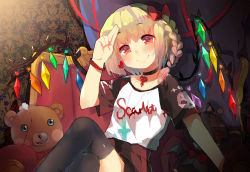 Rule 34 | 1girl, alternate costume, alternate hairstyle, black thighhighs, blonde hair, blush, bow, braid, choker, clothes writing, contemporary, cross, earrings, english text, flandre scarlet, hair bow, heart, heart-shaped pupils, inverted cross, jewelry, long hair, looking at viewer, miebao, raglan sleeves, red eyes, salute, single braid, skull, smile, stuffed animal, stuffed toy, symbol-shaped pupils, teddy bear, thighhighs, touhou, wings