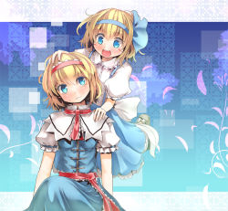 Rule 34 | 2girls, alice margatroid, alice margatroid (pc-98), blonde hair, blue background, blue bow, blue dress, blue eyes, blush, bow, capelet, culter, dress, dual persona, eyelashes, female focus, hair ribbon, hairband, hand on another&#039;s head, hand on shoulder, head tilt, multiple girls, open mouth, puffy sleeves, red ribbon, ribbon, sash, shirt, short hair, short sleeves, sitting, skirt, smile, suspenders, time paradox, touhou, touhou (pc-98)