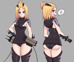 Rule 34 | 1girl, ass, black bodysuit, black thighhighs, blonde hair, blush, bodysuit, breasts, closed mouth, covered erect nipples, flip flappers, grey background, headgear, highres, looking at viewer, looking back, multicolored hair, multiple views, open mouth, purple eyes, red hair, short hair, simple background, small breasts, thighhighs, yayaka