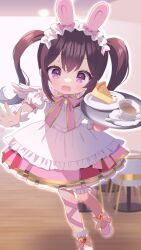 Rule 34 | 1girl, animal ears, apron, bow, brown hair, chair, chitosezaka suzu, commentary request, commission, cup, detached sleeves, fang, frilled apron, frills, hair between eyes, highres, holding, holding tray, long hair, open mouth, original, pantyhose, pink bow, pink pantyhose, pink skirt, plate, pleated skirt, puffy short sleeves, puffy sleeves, purple eyes, rabbit ears, saucer, shoes, short sleeves, skeb commission, skirt, solo, spoon, sweat, table, tray, twintails, very long hair, wavy mouth, white apron, white footwear, white sleeves, wooden floor, wrist cuffs