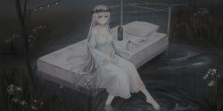 Rule 34 | 1girl, barefoot, bed, bottle, chihuri, choker, closed mouth, cup, detached sleeves, dress, eva (chihuri), flower, frilled dress, frills, grey eyes, hair between eyes, head wreath, highres, holding, holding bottle, juliet sleeves, long hair, long sleeves, looking away, mug, on bed, original, pillow, plate, puffy sleeves, silver hair, sitting, sleeveless, sleeveless dress, solo, very long hair, water, white choker, white dress, white flower, white sleeves, wide sleeves