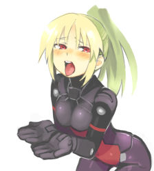 Rule 34 | 10s, 1girl, alternate costume, arnval, blush, busou shinki, cupping hands, doll joints, gloves, green hair, joints, long hair, open mouth, own hands together, ponytail, red eyes, sexually suggestive, shigehiro (hiroi heya), solo, tongue