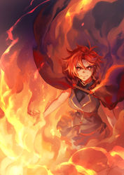 Rule 34 | &gt;:), 1girl, cape, fire, heart, heart-shaped pupils, highres, looking at viewer, messy hair, miniskirt, nishiki areku, orange theme, pixiv fantasia, pixiv fantasia age of starlight, red cape, red eyes, red hair, short hair, signature, skirt, sleeveless, sleeveless jacket, smile, solo, symbol-shaped pupils, v-shaped eyebrows