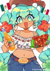 1girl aqua_eyes aqua_hair belt belt_buckle blue_pants blush bottle braid brown_belt brown_hat buckle cowboy_shot earrings food glint hat hatsune_miku highres holding holding_bottle holding_food jewelry long_hair mexican_clothes mexican_flag mexican_miku momoiiroo open_mouth pants simple_background smile solo twin_braids very_long_hair vocaloid white_background worldwide_miku